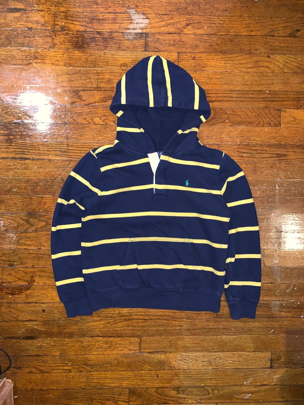 Polo Ralph Lauren Boys L 14-16 Striped Hoodie Navy Yellow Green Pony Rugby Y2K